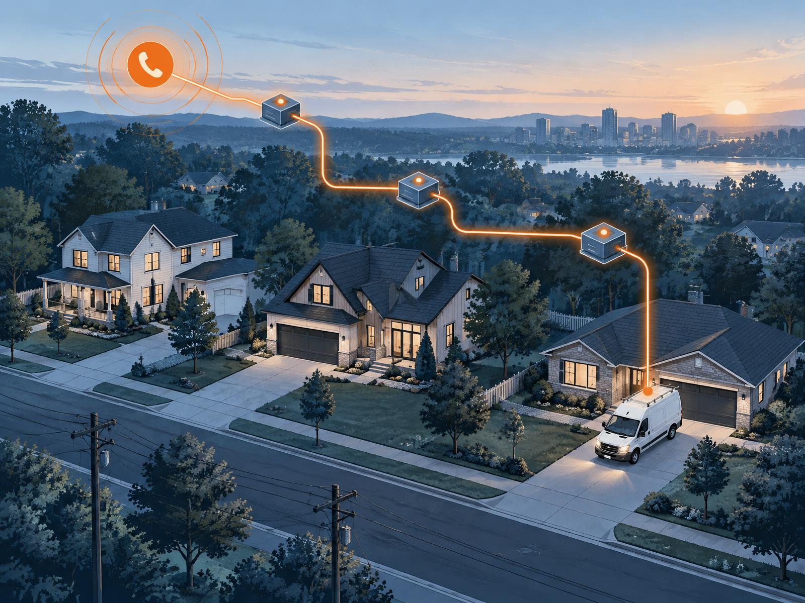 A call signal routes through a suburban neighborhood to a home service van
